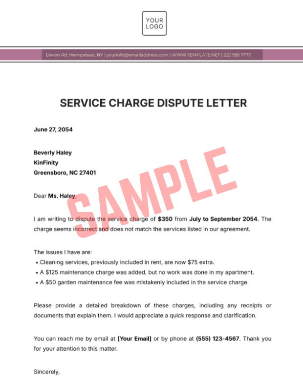 Service Charge Dispute Letter Template