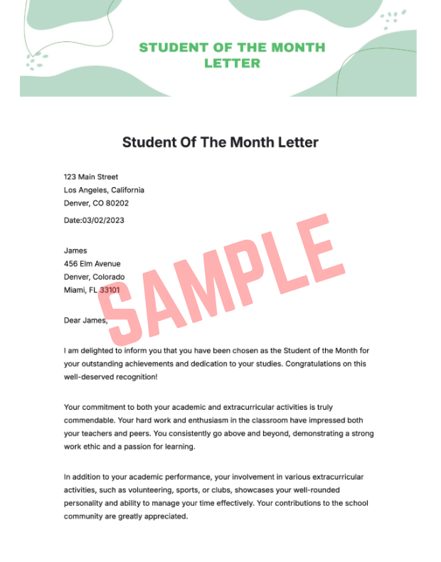 Student Of The Month Letter Template