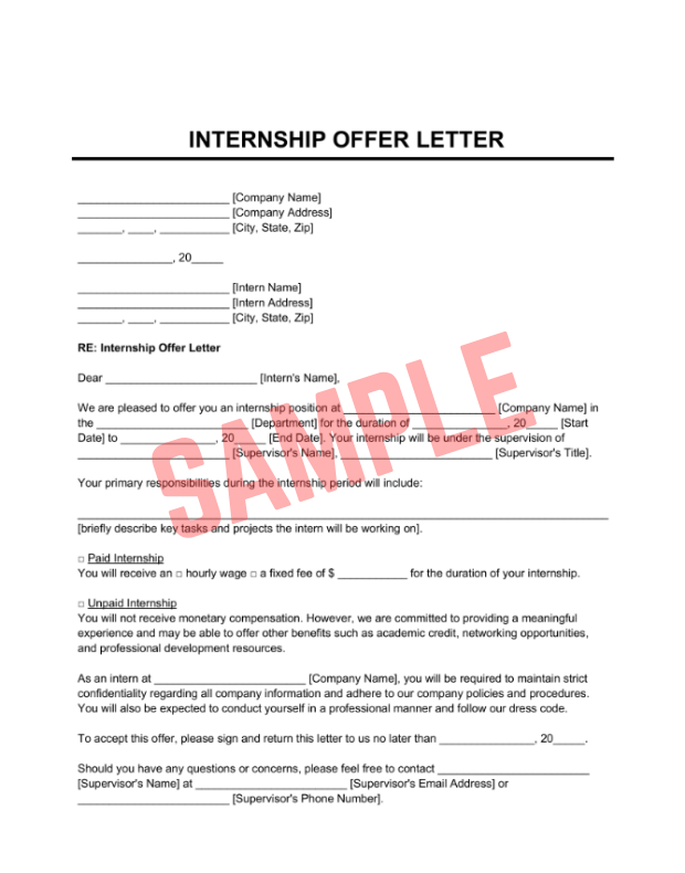 Summer Internship Offer Letter Template