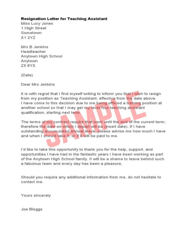 Teaching Assistant Resignation Letter Template