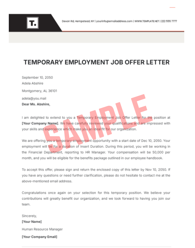 Temporary Employment Offer Letter Template